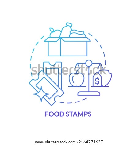 Food stamps blue gradient concept icon. Low income people support. Government benefit and help abstract idea thin line illustration. Isolated outline drawing. Myriad Pro-Bold font used
