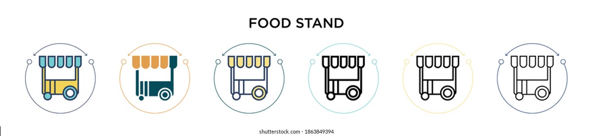 Icono del puesto de comida en el estilo relleno, delgado, contorno y trazo. Ilustración vectorial de dos soportes de alimentación de color y negro, los diseños vectoriales se pueden utilizar para móviles, ui, web