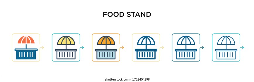 Food stand vector icon in 6 different modern styles. Black, two colored food stand icons designed in filled, outline, line and stroke style. Vector illustration can be used for web, mobile, ui