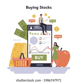 Food and staples retailing industry online service or platform. Grocery goods retailing. Food processing industry distribution. Buying stocks. Flat vector illustration