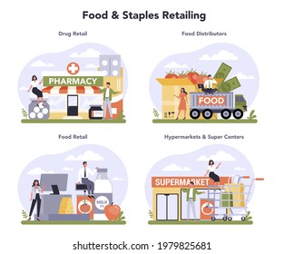 Food and staples retailing industry sector of the economy set. Grocery goods retailing, supermarkets and stores service. Food processing industry distribution. Flat vector illustration