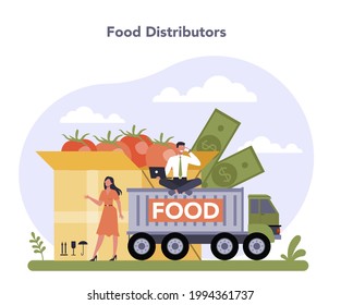 El sector de la economía de los alimentos y los productos de primera necesidad. Venta al por menor de productos de compras, supermercados y tiendas. Distribución de la industria de procesamiento de alimentos. Ilustración vectorial plana