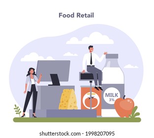 Food and staples retailing industry sector of the economy. Grocery goods retailing, supermarkets and stores service. Food processing industry distribution. Flat vector illustration