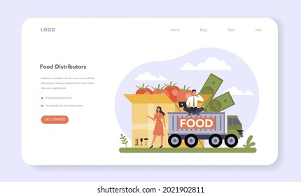 Food and staples retailing industry sector of the economy web banner or landing page. Grocery goods retailing, supermarkets and stores service. Food industry distribution. Flat vector illustration