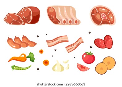 Food steak bbq grill chicken meat roast ingredients isolated set. Vector graphic design illustration
