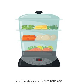 Food steamer icon in flat style isolated on white background. Household appliance. Kitchen item for healthy food. Vector illustration.