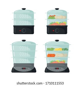 Food steamer icons set in flat style isolated on white background. Household appliance. Kitchen item for healthy food. Vector illustration.