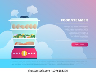 Food steamer landing page template. Vegetables, fish and eggs cooking in electic double boiler. Household multi steamer appliance website design vector illustration isolated on white background