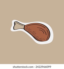Food sticker of colorful set. This lovely illustration features a cartoon chicken leg design on a soothing pastel background. Vector illustration.