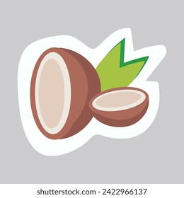 Food sticker of colorful set. This charming coconut illustration is expertly crafted with a playful cartoon design against a calming pastel backdrop. Vector illustration.