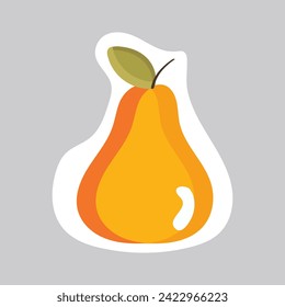 Food sticker of colorful set. In this cartoon design illustration a mouthwatering pear takes center stage, beautifully combined with design elements. Vector illustration.