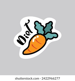 Food sticker of colorful set. This creative illustration seamlessly merges design and breakfast aesthetics, featuring a carrot in a cartoon design. Vector illustration.