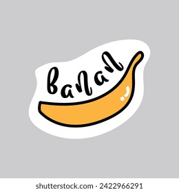 Food sticker of colorful set. This breakfast-inspired cartoon design showcase a delicious banana on a pastel background. Vector illustration.