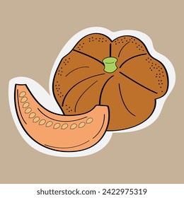 Food sticker of colorful set. This lovely illustration highlight a cartoon design of pumpkin on a calming pastel backdrop. Vector illustration.