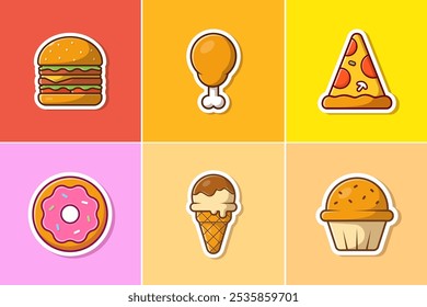 Food Sticker Icons Burger, Chicken, Pizza, Donut, Ice Cream And Cake Vector Design Illustrations Pack