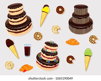 Food sticker set: cake, ice cream, drink, donuts, croissants. Feed Icon Collection. 
