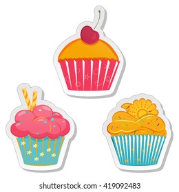Food sticker set. Collection of labels of cupcakes, muffins with different toppings in elegant pastel hues. Bakery design template. Vector illustration isolated on white background 