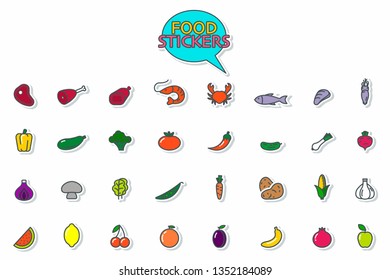 Food sticker set.  Meat, vegetables, fruits, seafood.