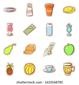 Food stickers. Isolated on white. Background for printing, design, web. Usable as icons. Colored.