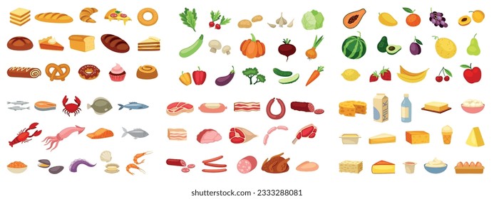 Empaquetadores de comida. Iconos coloridos con productos lácteos y carnes, verduras y frutas, mariscos y panadería. Concepto de estilo de vida saludable. Colección vectorial plana de dibujos animados aislada en fondo blanco