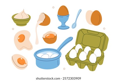 Food stickers set. Raw, cooked, soft boiled eggs collection. Yolk, egg white, homemade mayonnaise and other cooking elements. Modern cartoon concept. Vector illustration.