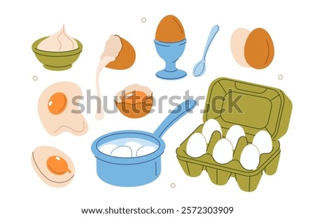 Food stickers set. Raw, cooked, soft boiled eggs collection. Yolk, egg white, homemade mayonnaise and other cooking elements. Modern cartoon concept. Vector illustration.