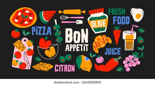 Food stickers set in retro cartoon style. Italian-inspired elements: pasta, pizza, moka pot, wine, vegetables, fruits,fish, breakfast, kitchen phrases and utensils. Illustration in funky, doodle style