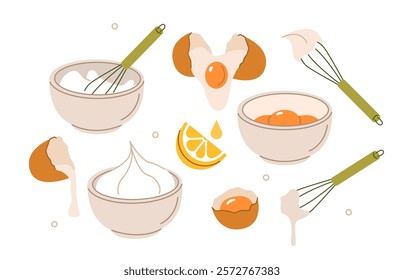 Food stickers set. Separate egg yolk, whisk egg whites instruction collection. Raw eggs, whisk, bowl and other cooking elements. Modern cartoon concept. Vector illustration.