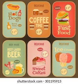 Food Stickers Tags Collection in Retro Design. Mini Posters Vintage Labels Set. Vector Illustration.