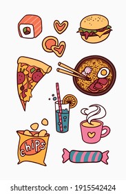 Food stickers. Vector graphics. can be used as illustrations for children's books, postcards, websites, stickers.