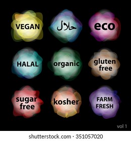 Food stickers. (Vegan, halal (inscription on arabic and english), eco, organic, gluten free, sugar free, kosher, farm fresh products). Vol.1