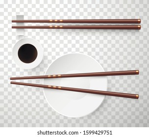 Food sticks on white saucer realistic vector illustrations set. Traditional Japanese culture dinnerware isolated on transparent background. Chopsticks on plate and coffee cup top view