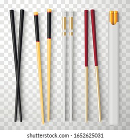 Food sticks set, kitchen chopsticks and eating utensils. Chinese and Japanese, sticks for eating East Asian food. Vector 3D sticks realistic style