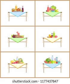 Food as still life composition for photo. Fruits and vegetables or dishes on table with napkin. Healthy food and desserts vector illustrations set.