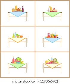 Food as still life composition for photo. Fruits and vegetables or dishes on table with napkin. Healthy food and desserts vector illustrations set.