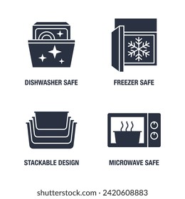 Food storage benefits and properties - Dishwasher, Freezer, Microwave safe and Stackable design - icons set for labeling in flat monochrome style.