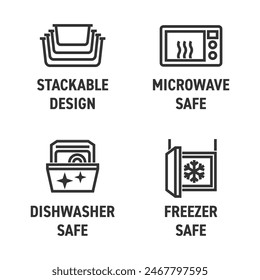 Food storage benefits and properties - Dishwasher, Freezer, Microwave safe and Stackable design - icons set for labeling in bold line