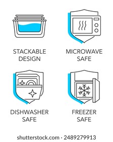 Beneficios y propiedades del almacenamiento de alimentos - Lavavajillas, Congelador, Microondas seguro y Apilable diseño - iconos establecidos para el etiquetado en línea delgada y relleno azul