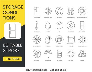 Marcas de condiciones de almacenamiento de alimentos, conjunto de iconos de línea en vector, trazo editable, rango de temperatura y almacenamiento en frío, caja y humedad, no congelar y congelar, mantener caliente