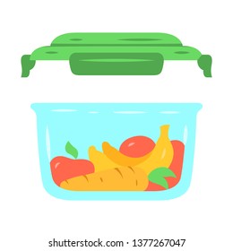 Food Storage Container Flat Design Long Shadow Color Icon. Zero Waste Swap. Plastic Food Packaging. Reusable Lunch Box. Fresh Fruits And Vegetables Storage. Vector Silhouette Illustration