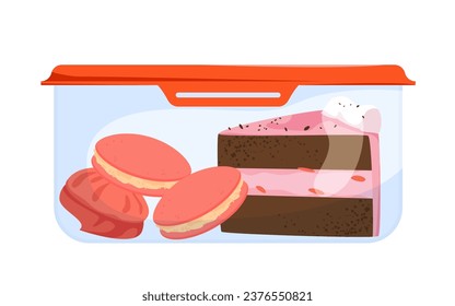 Food storage container for leftover sweets vector illustration. Cartoon isolated plastic or glass box with hermetic lid, slice of cream cake and cookie sandwiches, meals left over from holiday feast