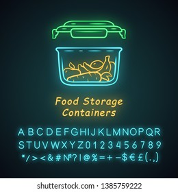 Food storage container neon light icon. Plastic food packaging. Reusable lunch box. Fresh fruits, vegetables storage. Glowing sign with alphabet, numbers and symbols. Vector isolated illustration