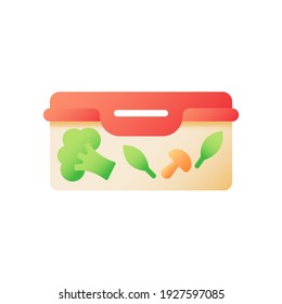 Food storage in container vector flat color icon. Plastic closed box with vegetables. Fresh vegan meal take away. Dinner proportion. Cartoon style clip art for mobile app. Isolated RGB illustration