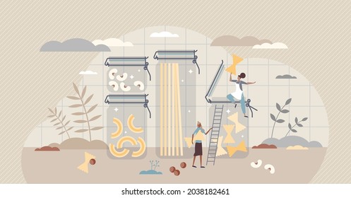 Food storage and glass jars for groceries and fresh food tiny person concept. Kitchen containers and boxes for longer product preservation vector illustration. Reused sealed pasta and nuts compartment