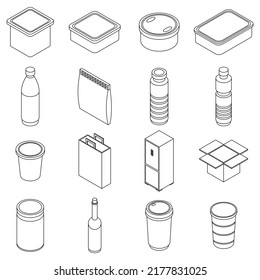 Food storage icons set. Isometric set of food storage vector icons thin line outline on white isolated