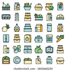 Food storage icons set. Outline set of food storage vector icons thin line color flat on white