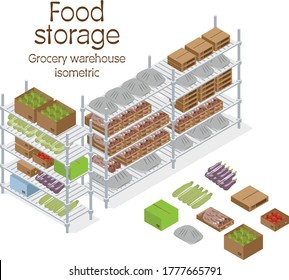 Food storage in isometric view. Grocery warehouse on the white background. Vegetables and meat on shelf. Local and farmer food 3d