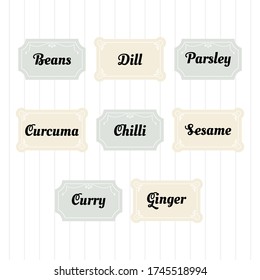 Food storage labels. Kitchen food tags collection for kitchen containers or jars. Curry, curcuma, dill, chilli. Vector illustration