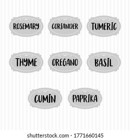 Food storage labels. Kitchen food tags collection for kitchen containers or jars. Basil, paprika, cumin, oregano, thyme. Vector illustration