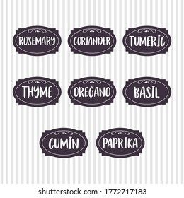 Food storage labels. Kitchen food tags collection for kitchen containers or jars. Basil, cumin, paprika, oregano, thyme. Vector illustration